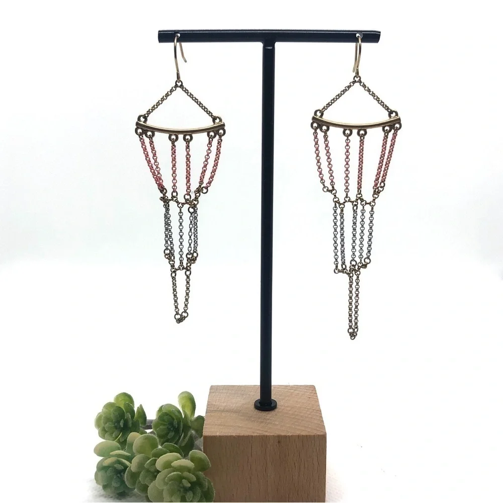 Madewell Coral Silver and Gold Chandelier Chain Earrings